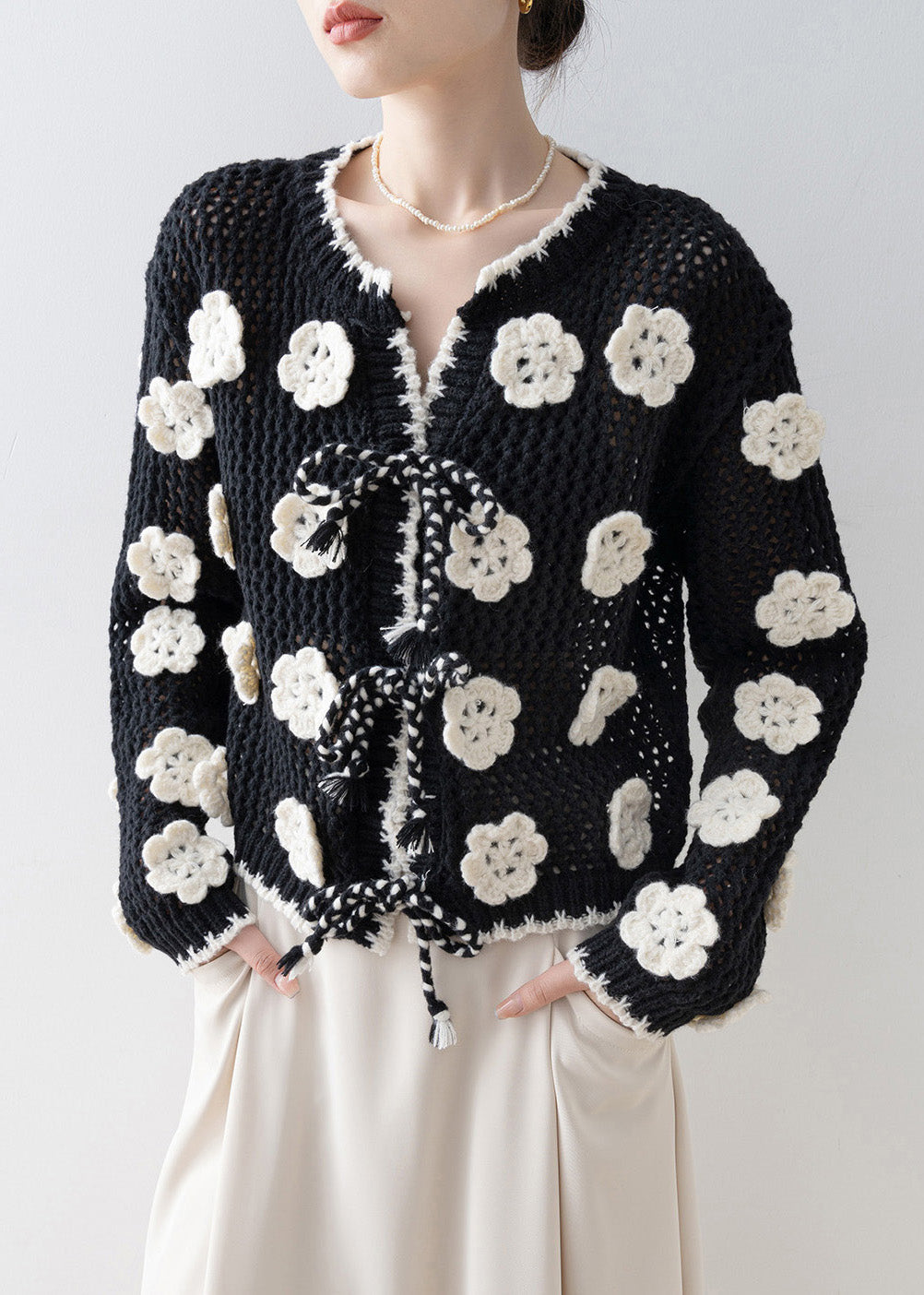 DIY Black Floral Decorated Hollow Out Knit Cardigan Spring