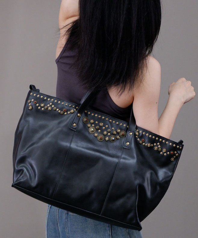 DIY Black Large Capacity Rivet Leather Women Shoulder Bags