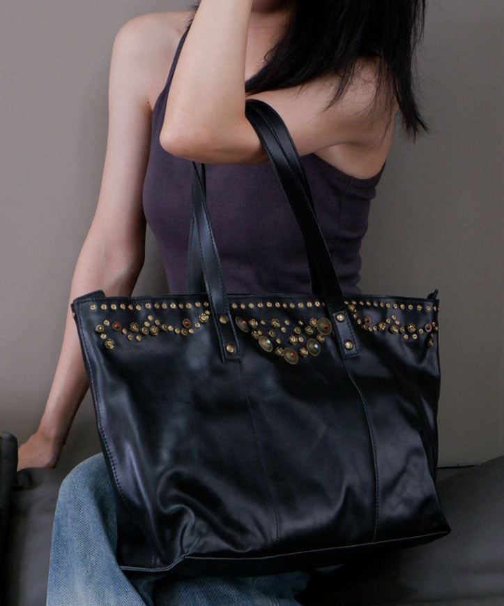 DIY Black Large Capacity Rivet Leather Women Shoulder Bags