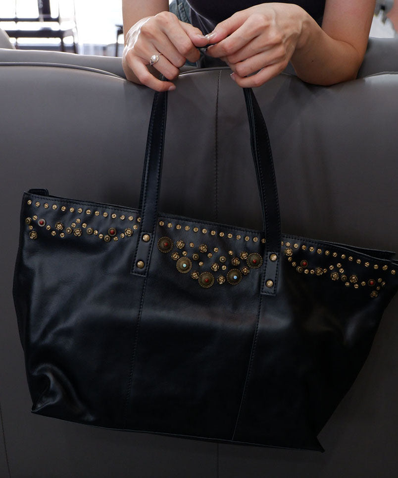 DIY Black Large Capacity Rivet Leather Women Shoulder Bags