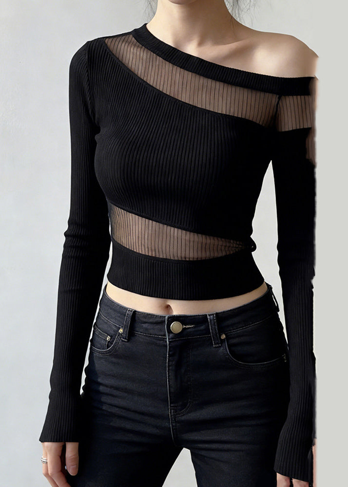 DIY Black One Shoulder Patchwork Tulle Shirts Summer - Omychic