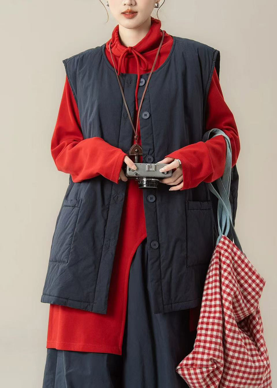 DIY Black Oversized Pockets Fine Cotton Filled Parka Vests Winter