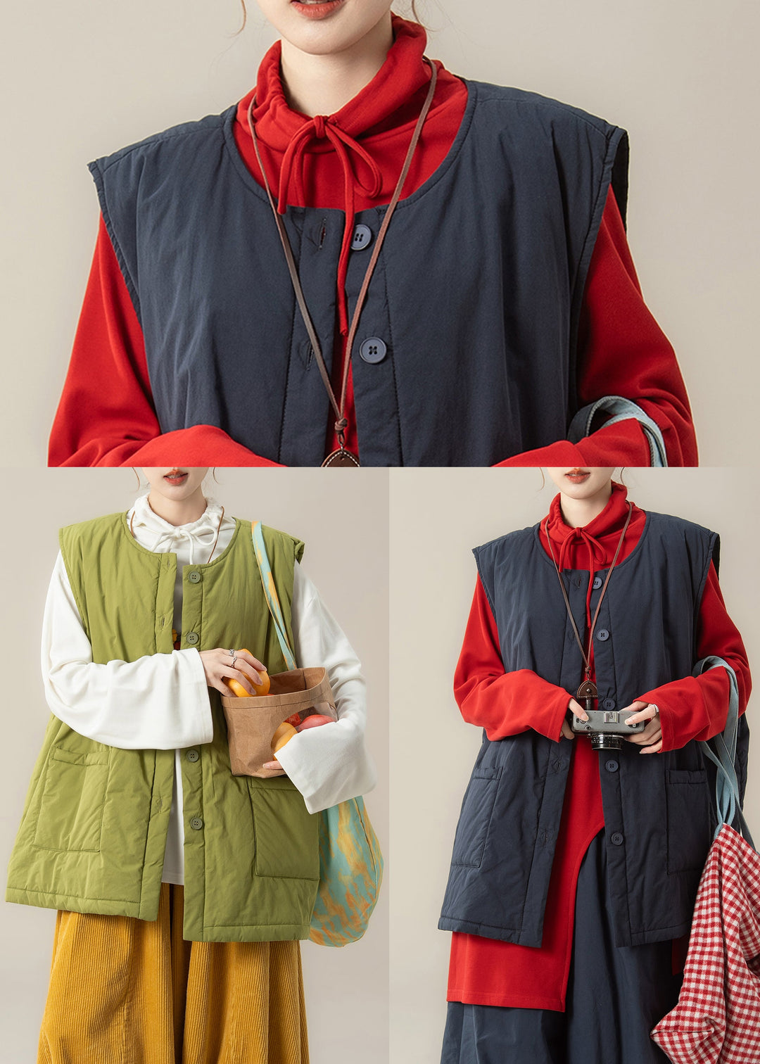 DIY Black Oversized Pockets Fine Cotton Filled Parka Vests Winter