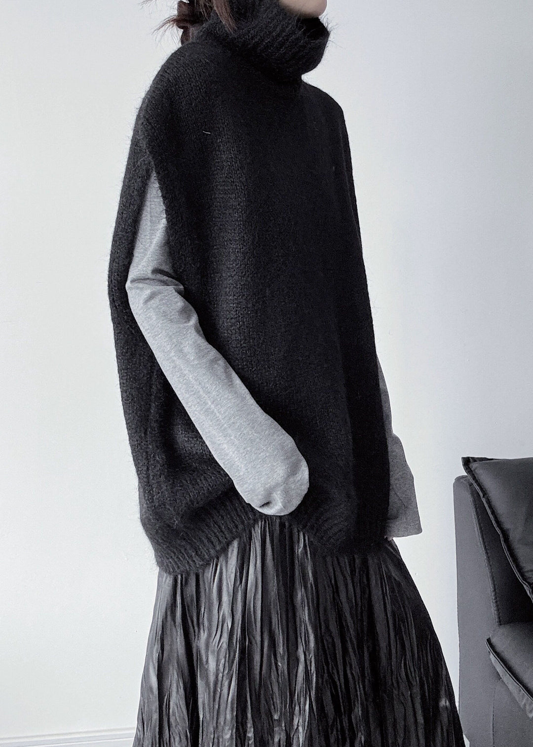 DIY Black Oversized Warm Knit Vests Sleeveless
