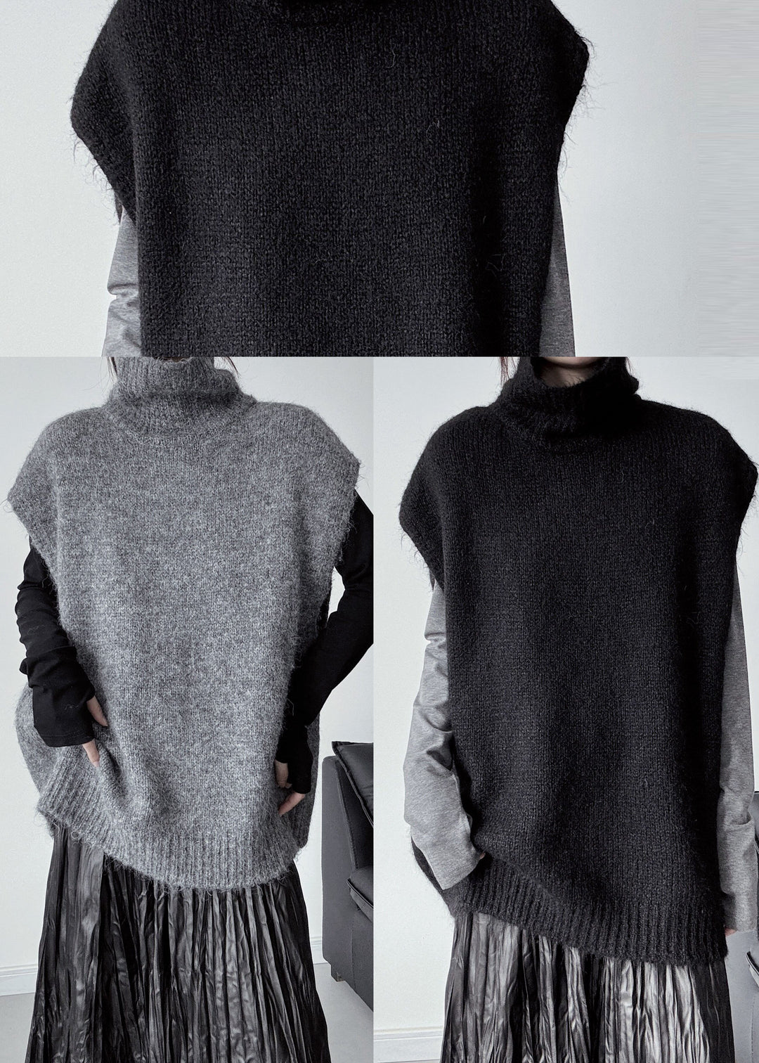 DIY Black Oversized Warm Knit Vests Sleeveless