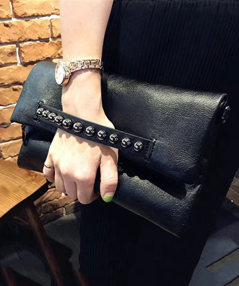 DIY Black Rivet Chain Linked Faux Leather Satchel Handbag