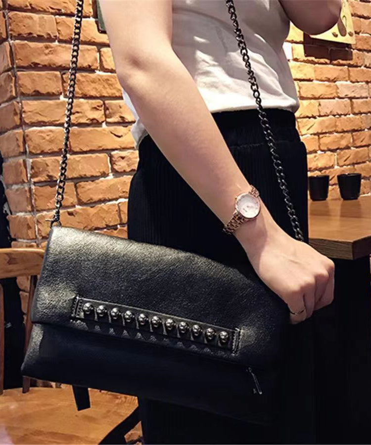 DIY Black Rivet Chain Linked Faux Leather Satchel Handbag