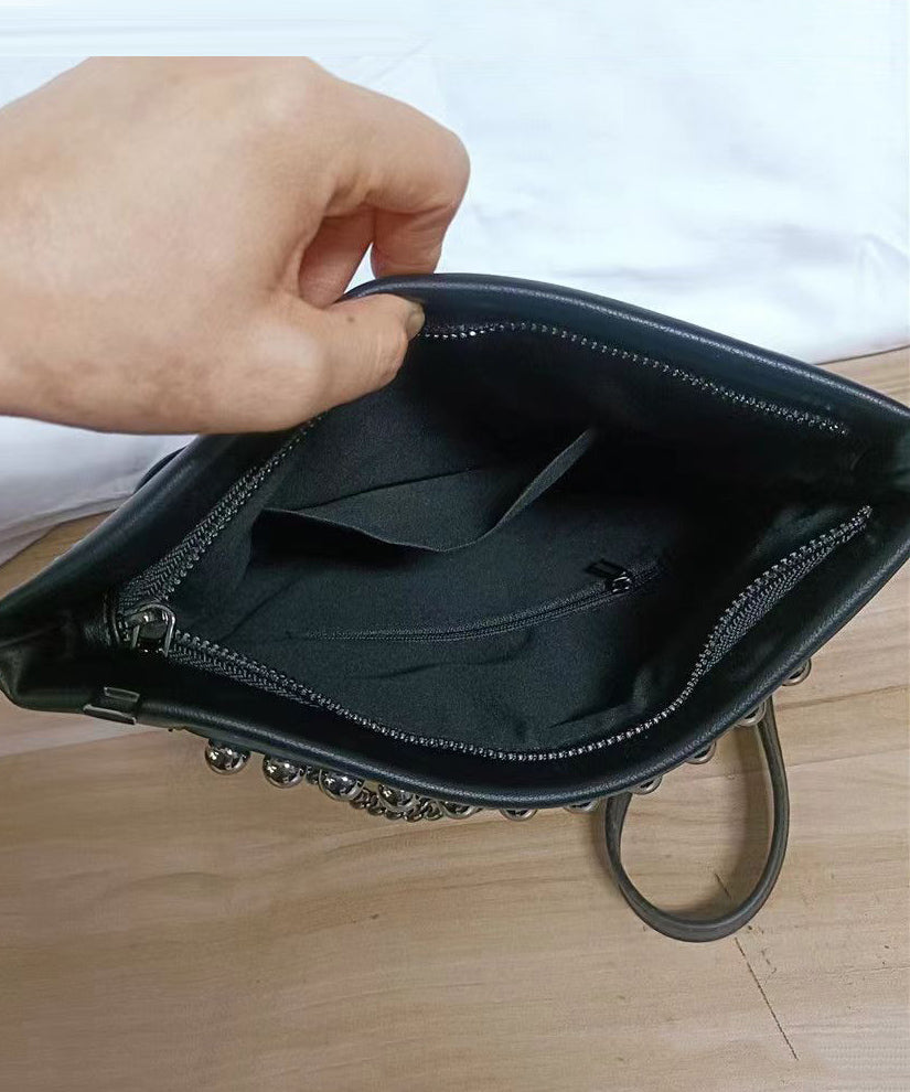 DIY Black Rivet Chain Linked Faux Leather Satchel Handbag