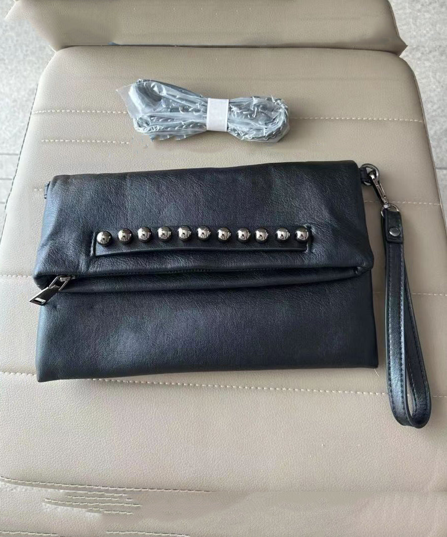 DIY Black Rivet Chain Linked Faux Leather Satchel Handbag