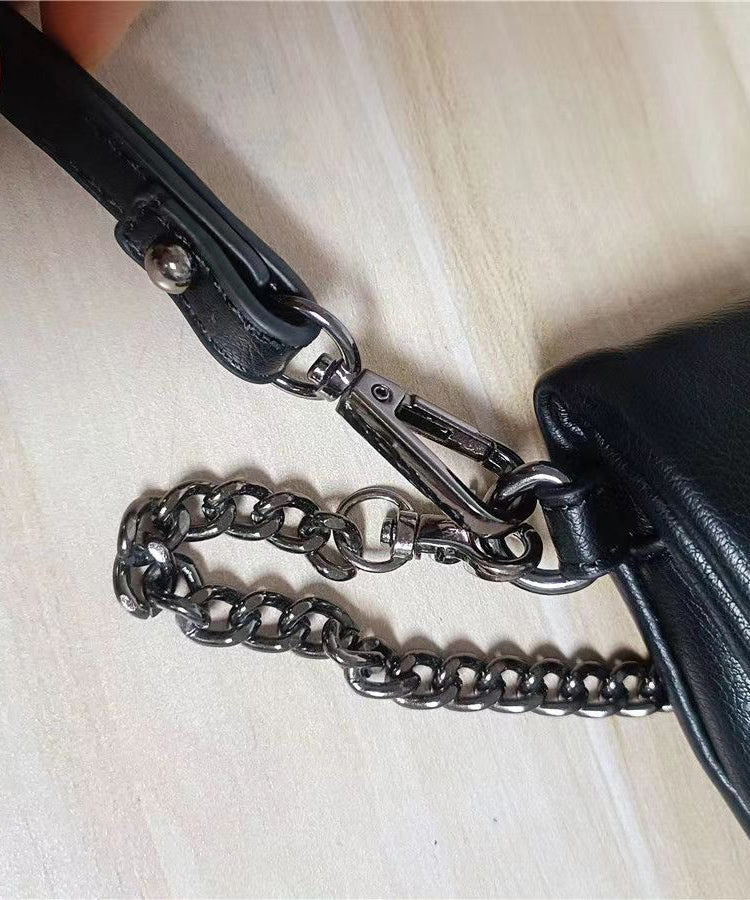 DIY Black Rivet Chain Linked Faux Leather Satchel Handbag