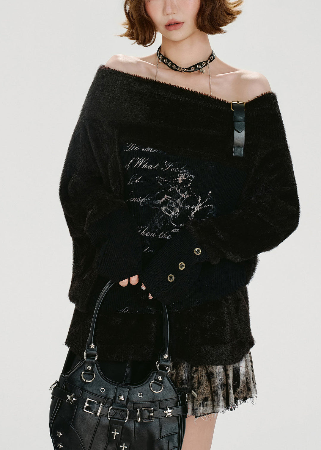 DIY Black Slash Neck Cold Shoulder Print Knit Shirts Winter