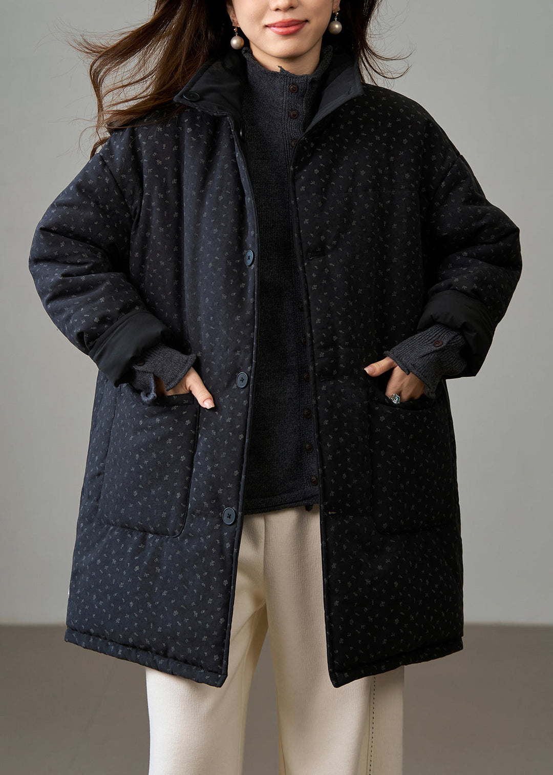 DIY Black Stand Collar Wear On Both Sides Fine Cotton Filled Winter Coats