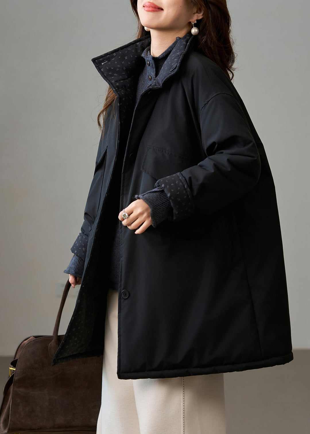 DIY Black Stand Collar Wear On Both Sides Fine Cotton Filled Winter Coats