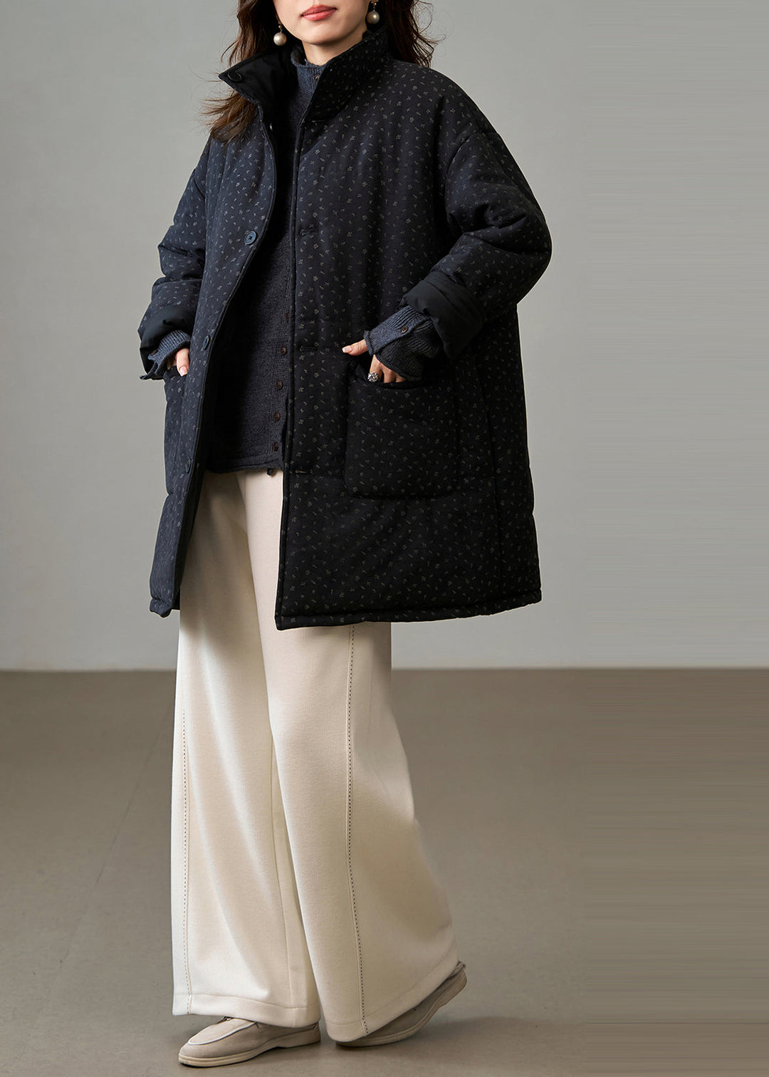 DIY Black Stand Collar Wear On Both Sides Fine Cotton Filled Winter Coats