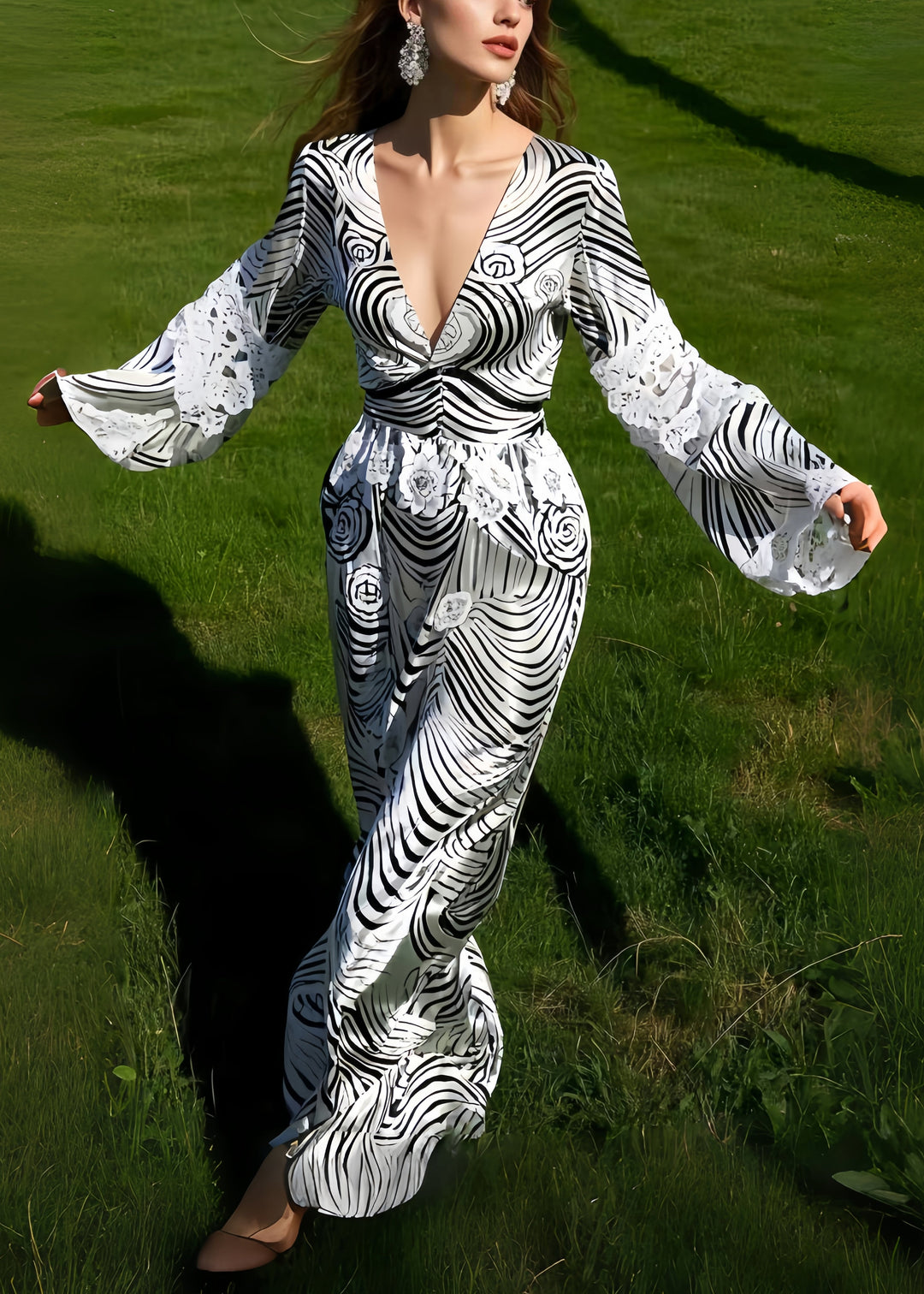 DIY Black Striped Patchwork Lace Silk Holiday Dress Spring