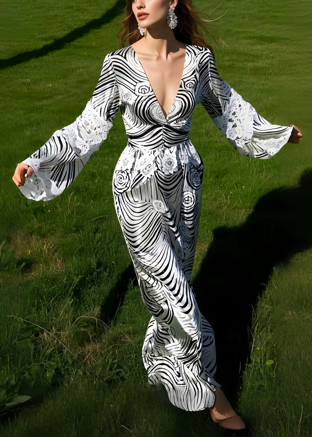 DIY Black Striped Patchwork Lace Silk Holiday Dress Spring