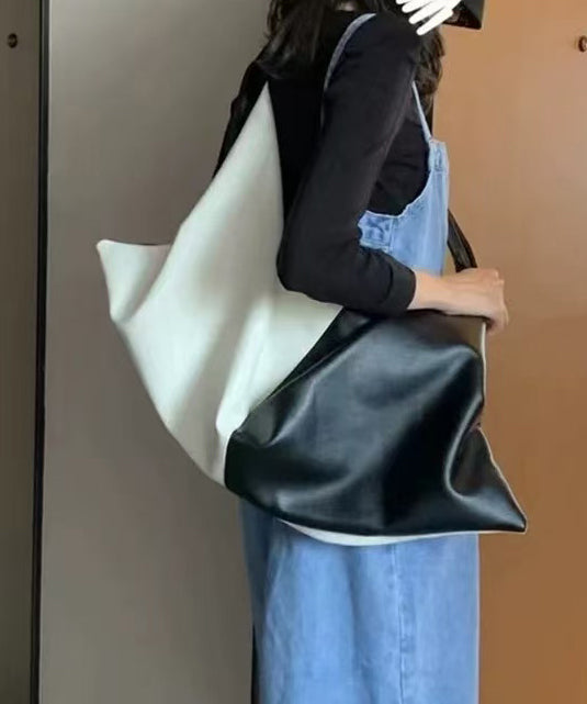 DIY Black White Patchwork Asymmetrical Design Faux Leather Shoulder Handbag