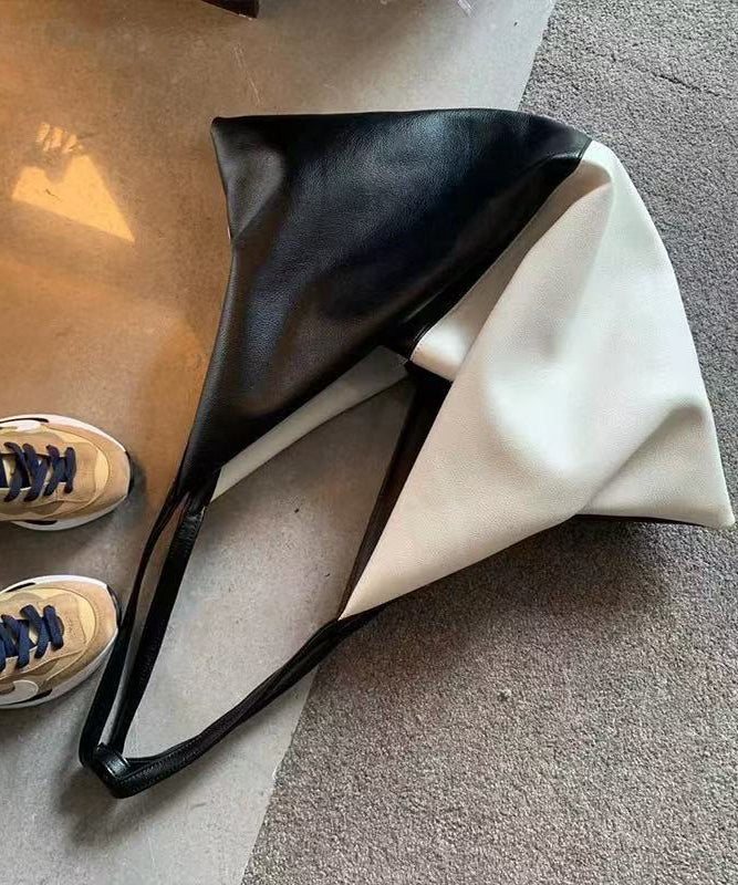 DIY Black White Patchwork Asymmetrical Design Faux Leather Shoulder Handbag