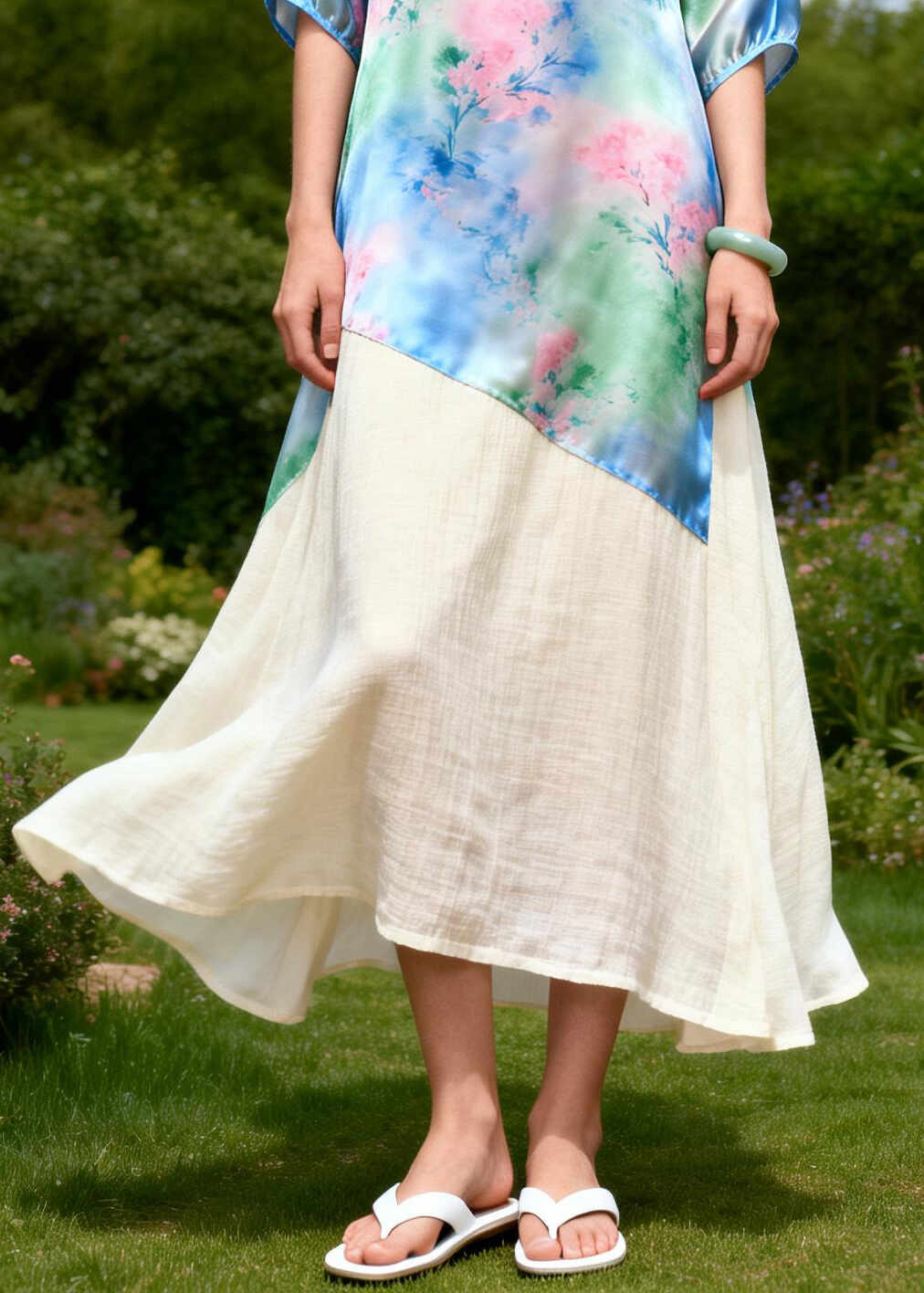 DIY Blue Asymmetrical Patchwork Linen Silk Dress Summer