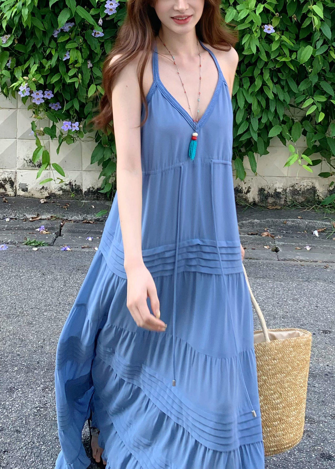 DIY Blue Cinched Wrinkled Cotton Spaghetti Strap Dress Summer