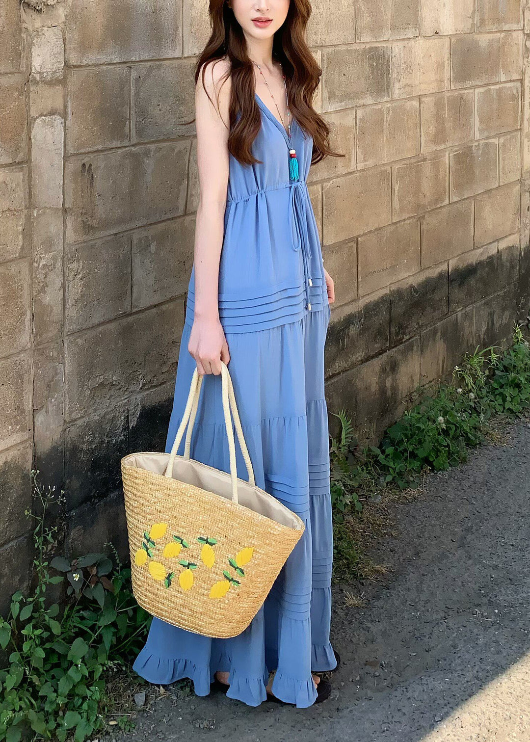 DIY Blue Cinched Wrinkled Cotton Spaghetti Strap Dress Summer