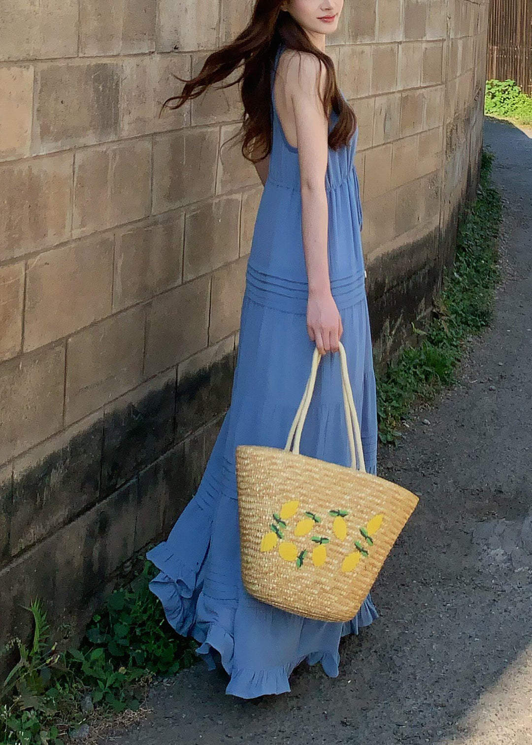 DIY Blue Cinched Wrinkled Cotton Spaghetti Strap Dress Summer