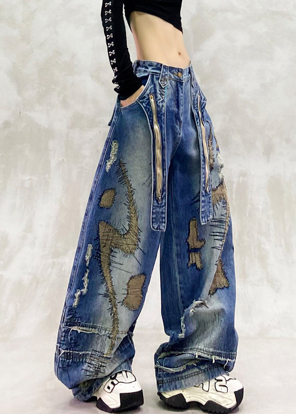 DIY Blue Embroidered Zippered Denim Wide Leg Pants Spring