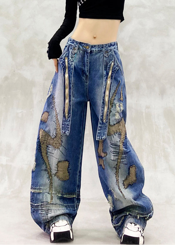 DIY Blue Embroidered Zippered Denim Wide Leg Pants Spring