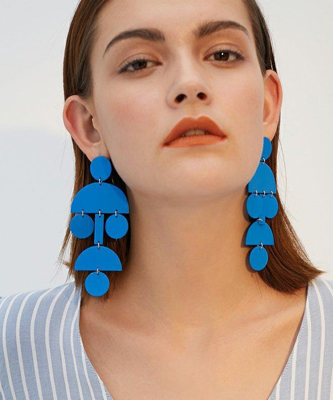 DIY Blue Exaggeration Geometric Tassels Alloy Drop Earrings