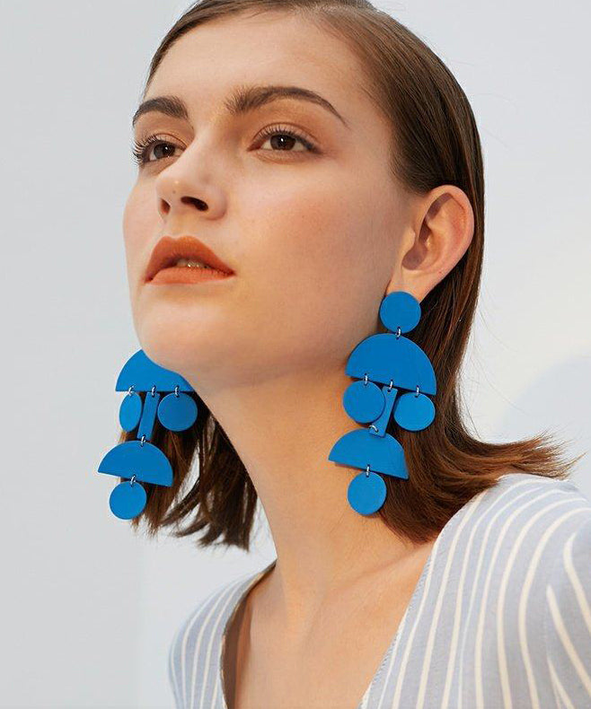 DIY Blue Exaggeration Geometric Tassels Alloy Drop Earrings