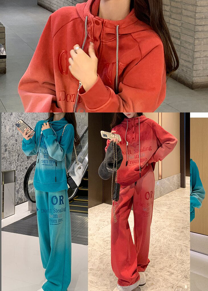 DIY Blue Hooded Tie Dye Cotton Two Piece Set Women Clothing Spring