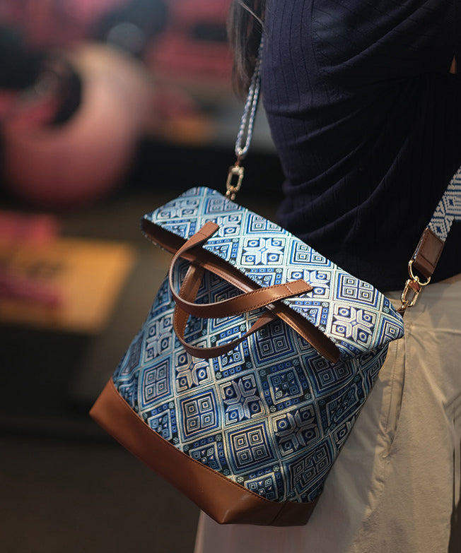 DIY Blue Jacquard Patchwork Large Capacity Faux Leather Tote Handbag