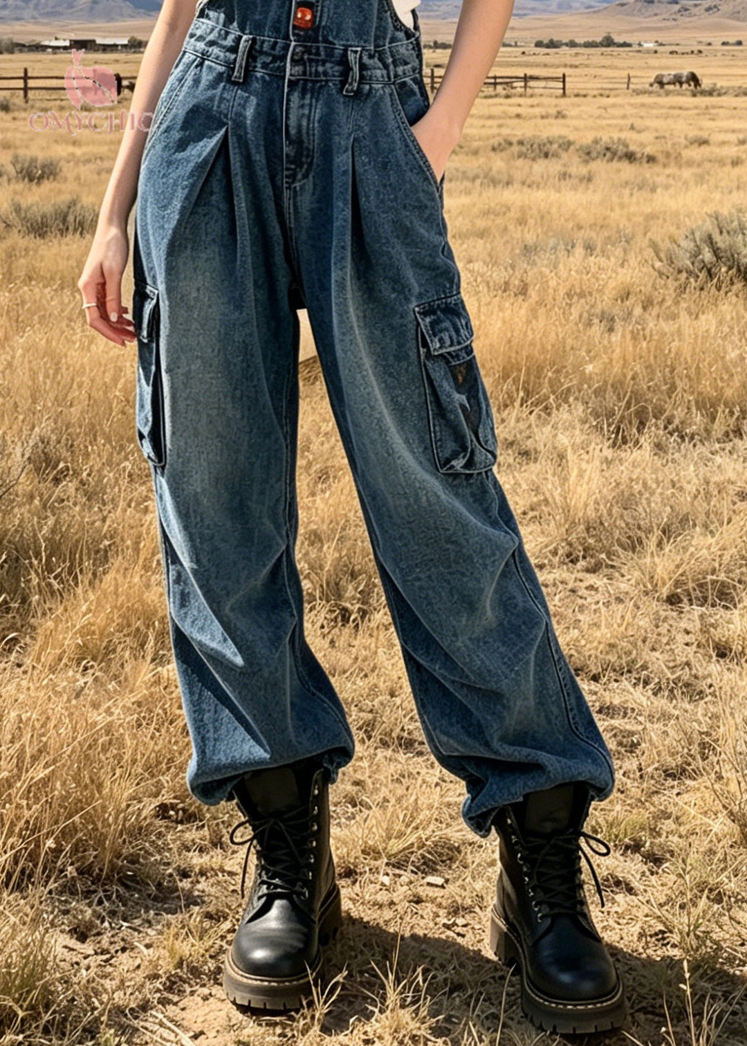DIY Blue Oversized Pockets Wrinkled Denim Jumpsuits Summer
