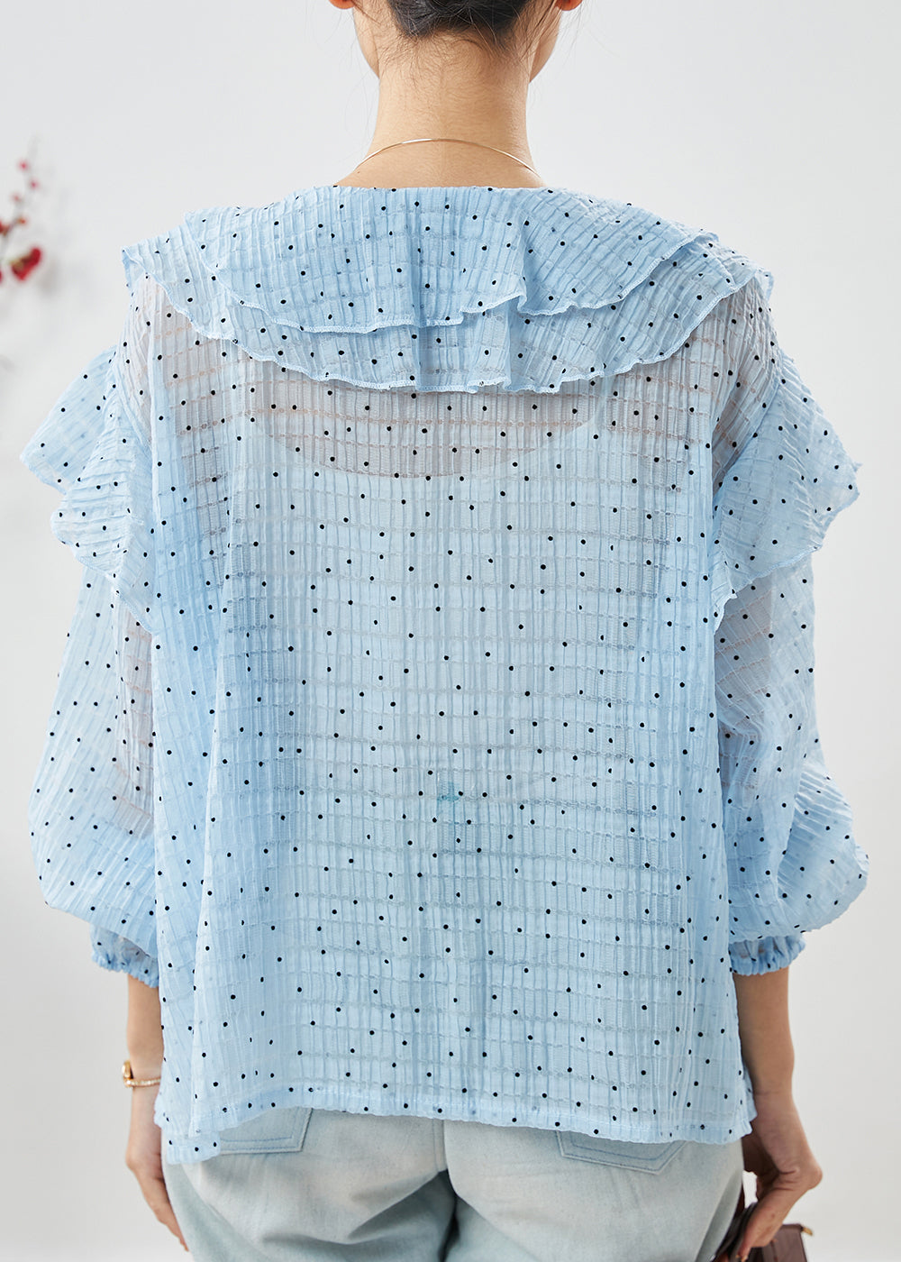 DIY Blue Ruffled Lace Up Chiffon Shirt Spring