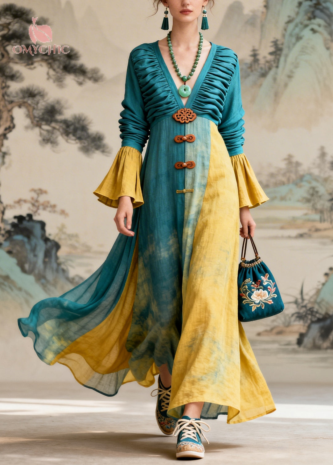 DIY Blue Tie Dye Patchwork Wrinkled Cotton Robe Dresses Flare Sleeve