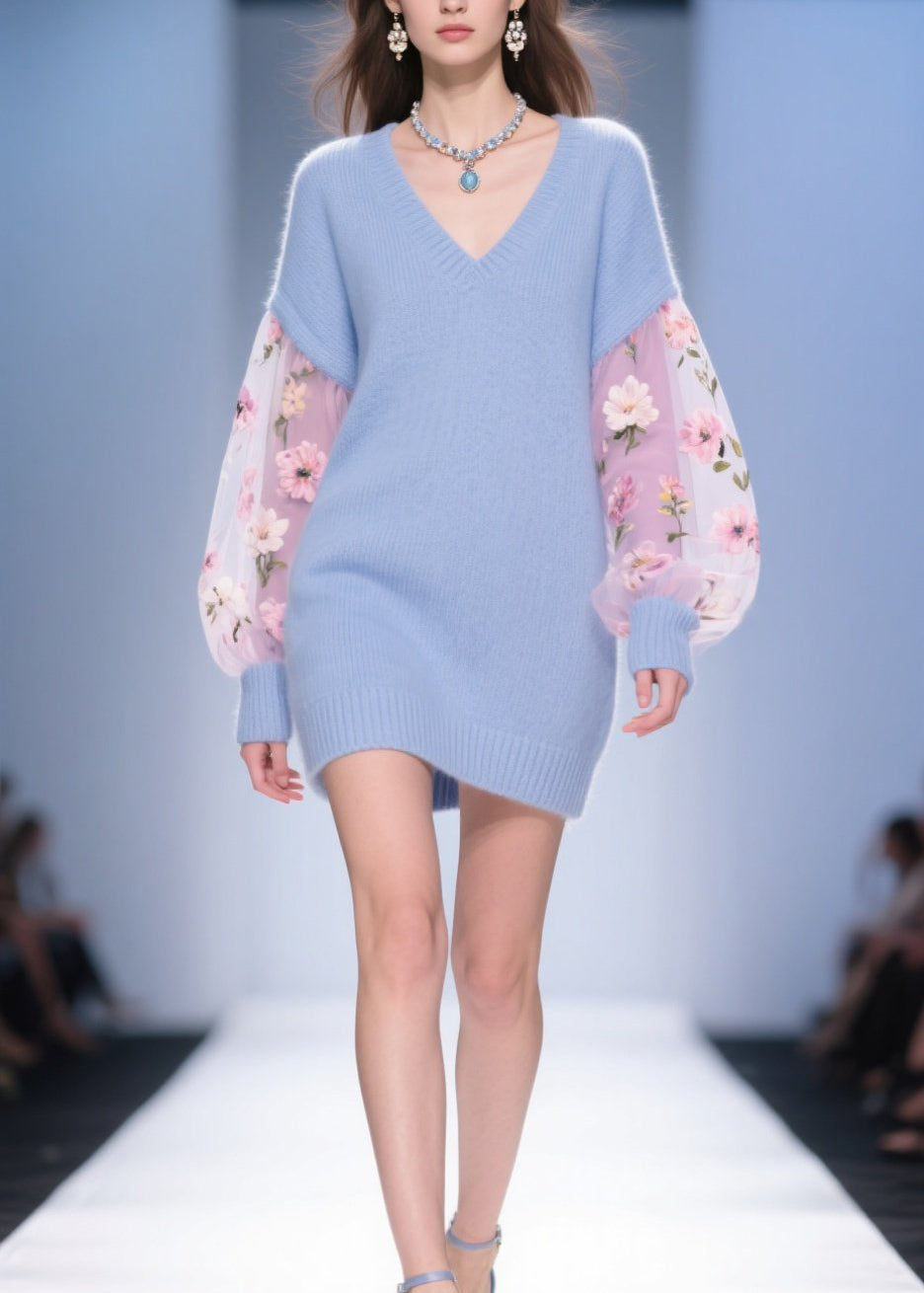 DIY Blue V Neck Tulle Floral Patchwork Knit Sweater Dress Fall