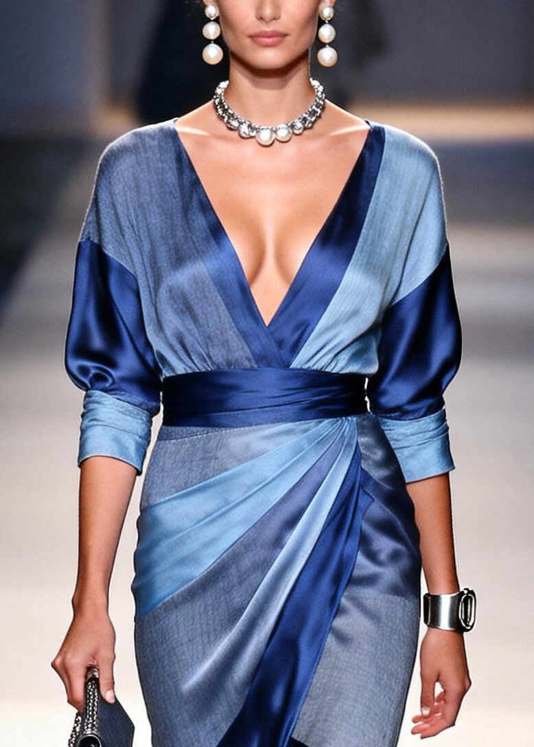 DIY Blue Wraped Patchwork Silk Work Dress Summer