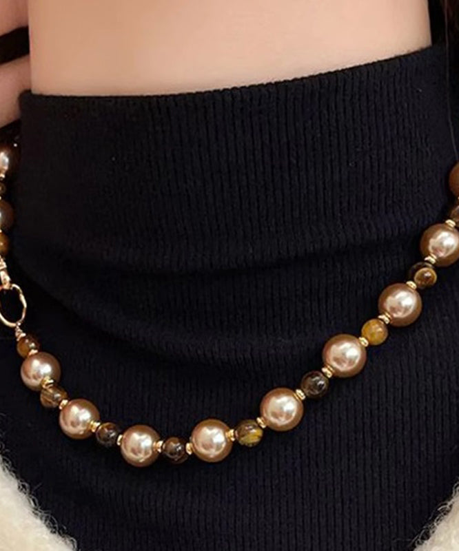 DIY Brown Alloy Tiger Eye Stone Pearl Gratuated Bead Necklace