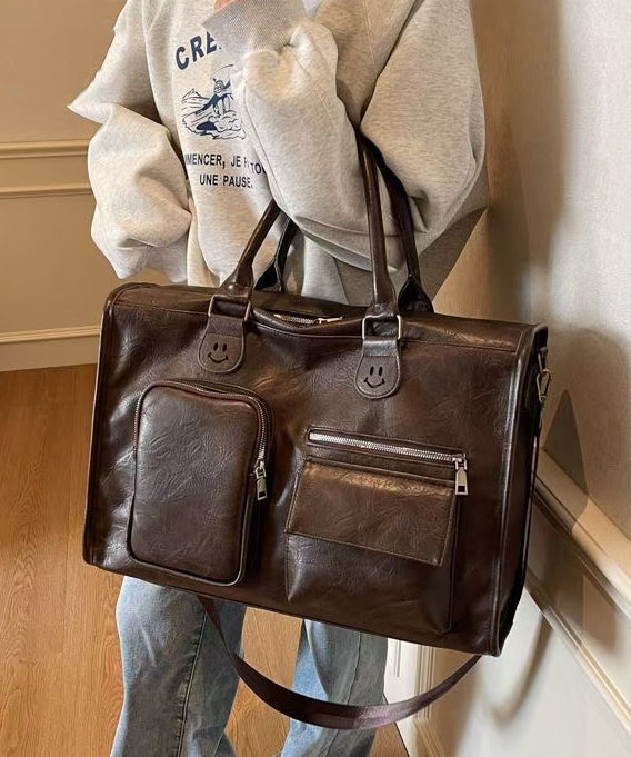 DIY Brown Large Capacity Smile Decorated Faux Leather Tote Handbag