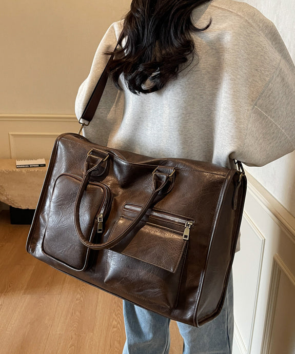 DIY Brown Large Capacity Smile Decorated Faux Leather Tote Handbag