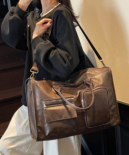 DIY Brown Large Capacity Smile Decorated Faux Leather Tote Handbag