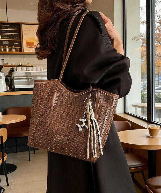 DIY Brown Large Capacity Weave Design Faux Leather Shoulder Bags