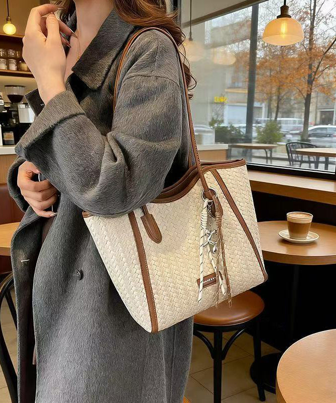 DIY Brown Large Capacity Weave Design Faux Leather Shoulder Bags