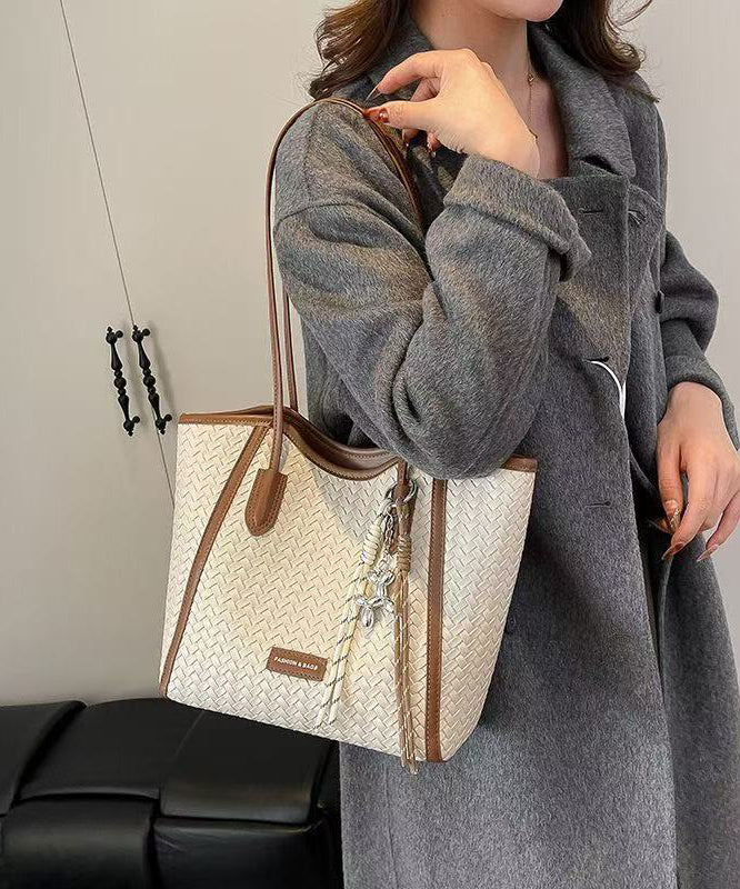 DIY Brown Large Capacity Weave Design Faux Leather Shoulder Bags