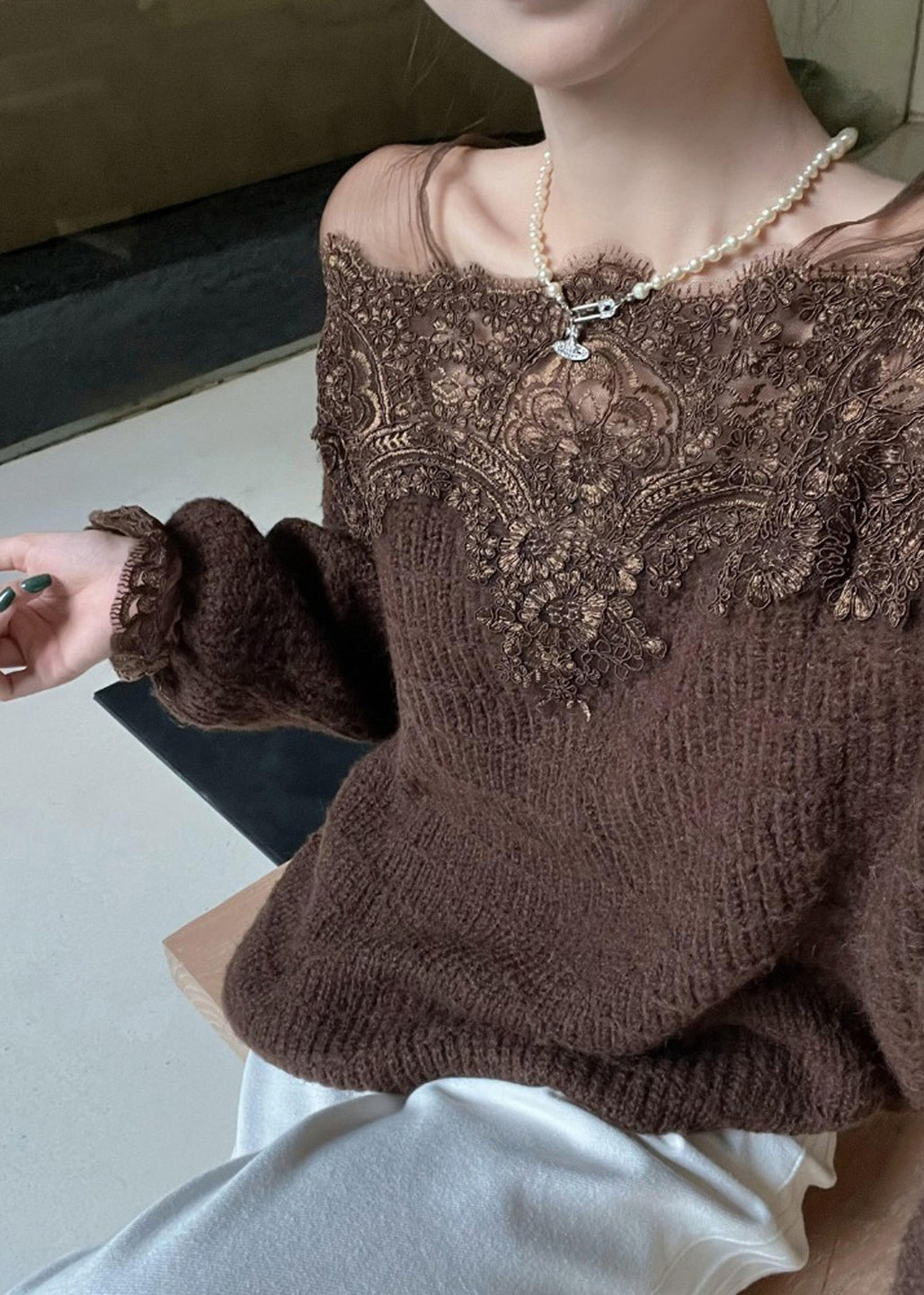 DIY Brown Oversized Lace Patchwork Knit Pullover Winter