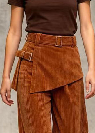 DIY Brown Tie Waist Patchwork Corduroy Pants Skirt Spring