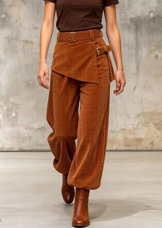 DIY Brown Tie Waist Patchwork Corduroy Pants Skirt Spring