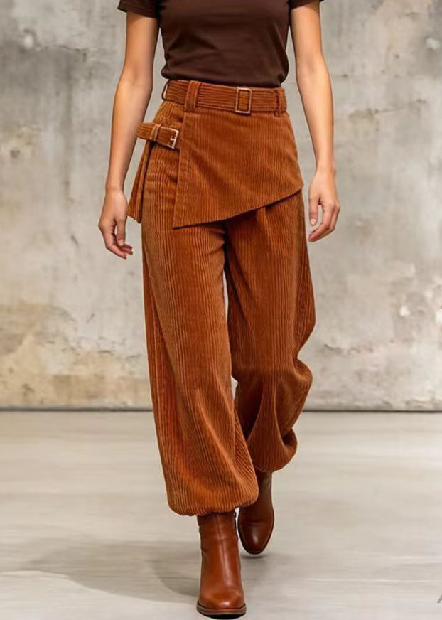 DIY Brown Tie Waist Patchwork Corduroy Pants Skirt Spring