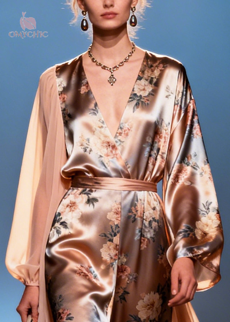 DIY Champagne Asymmetrical Patchwork Print Silk Maxi Dresses Summer