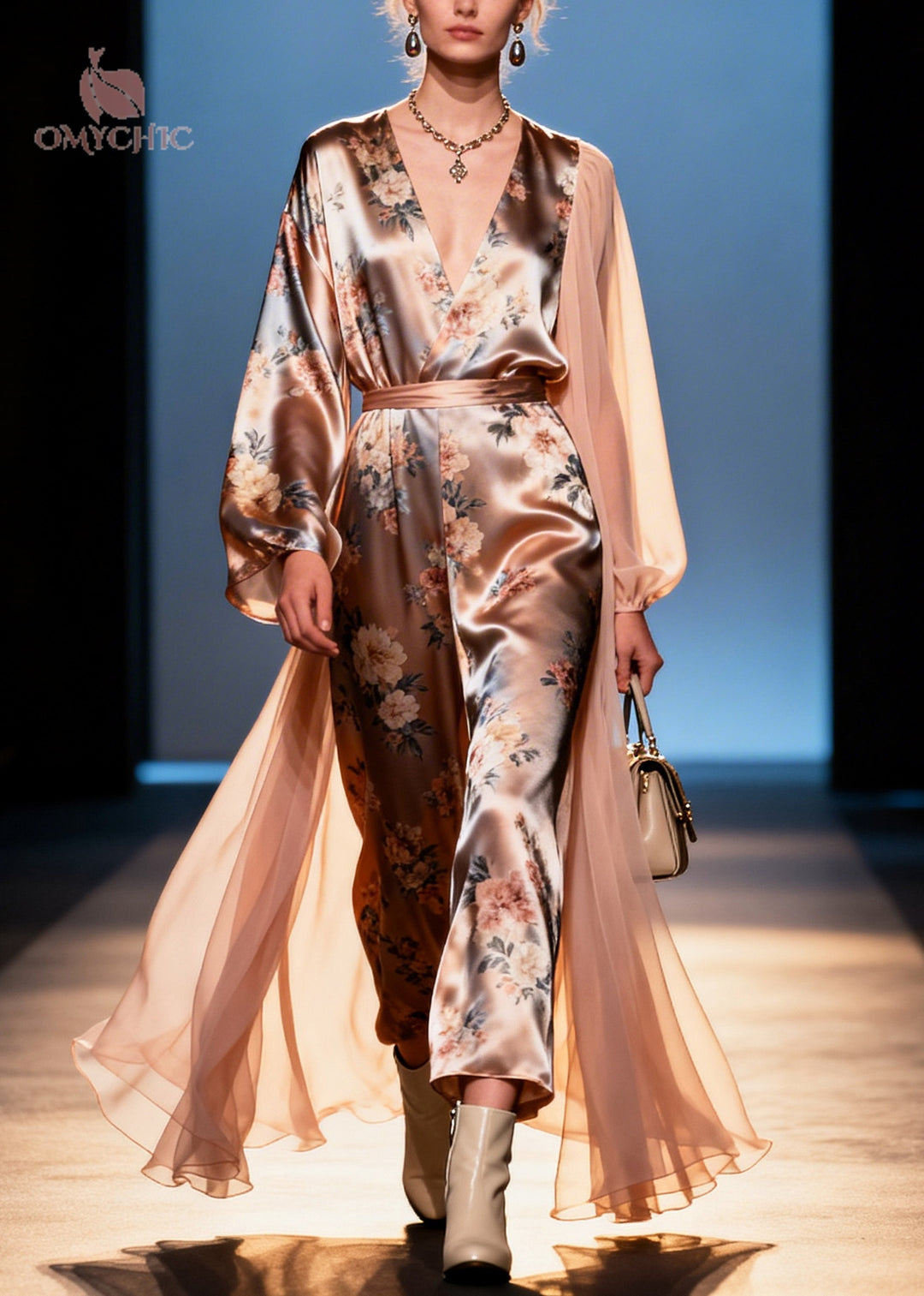DIY Champagne Asymmetrical Patchwork Print Silk Maxi Dresses Summer